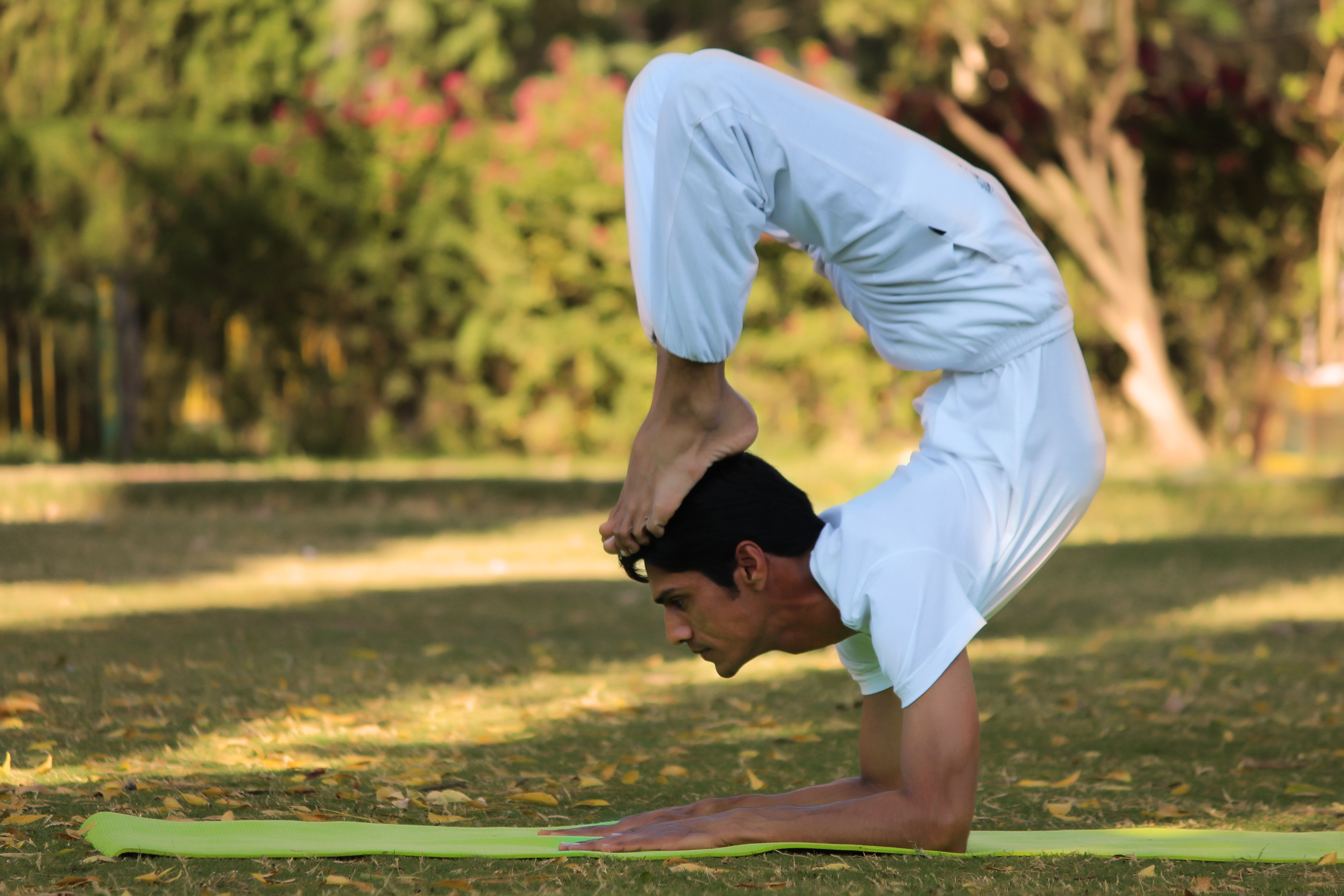 man doing yoga pose in the park in the grass