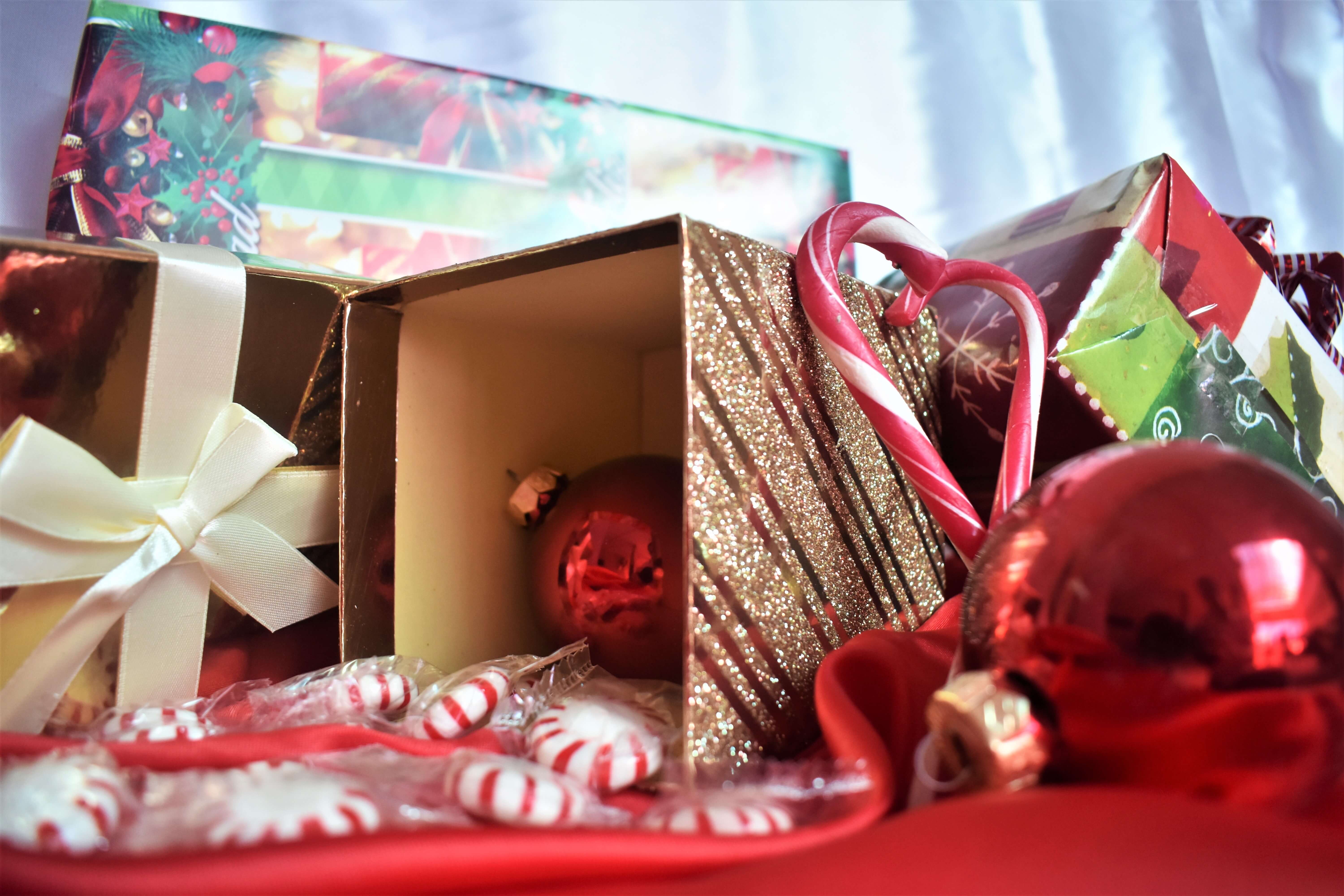 christmas boxes decorations and candy canes